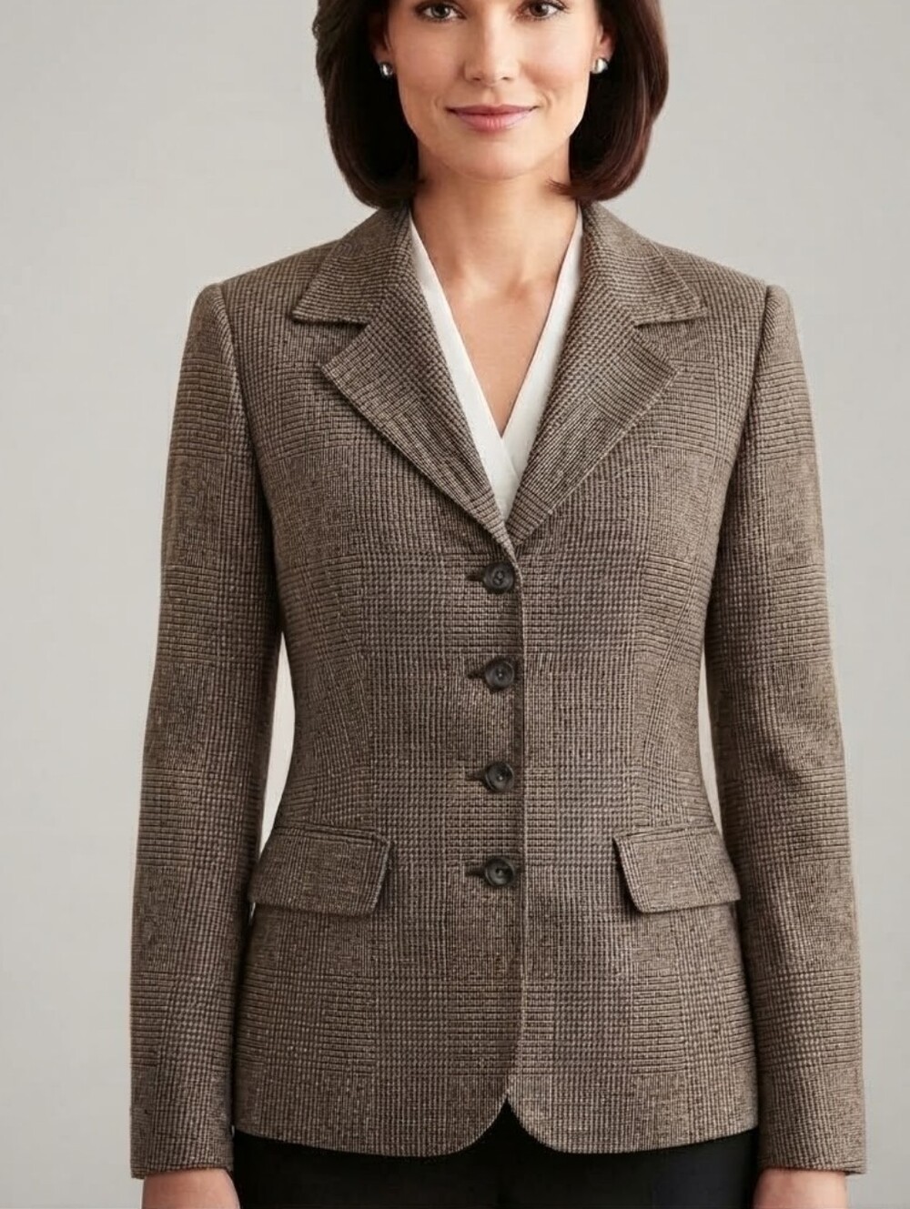 Talbots Wool Blend Blazer Brown Plaid Houndstooth Jacket Size 4 Made In Japan